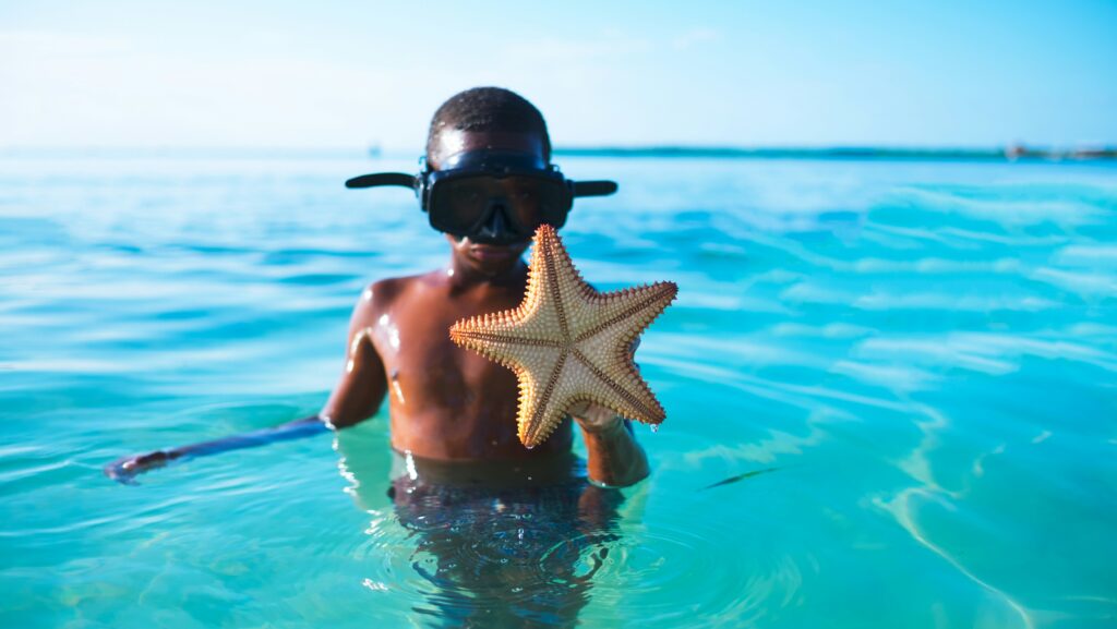 Child with Snorkel gear in ocean holding a starfish